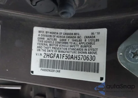 2010 Honda Civic Lx z USA, uszkodzony, nr VIN 2HGFA1F50AH570630